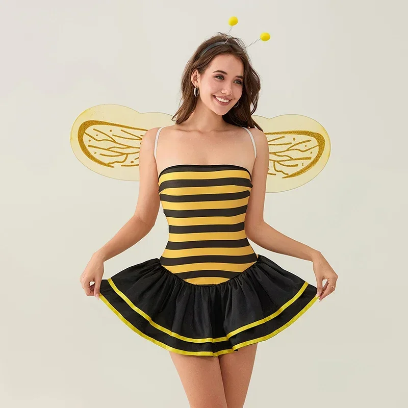 Halloween Bee Costume Cute Striped Print Tube Top Dress Bumble Bee Costume for Women