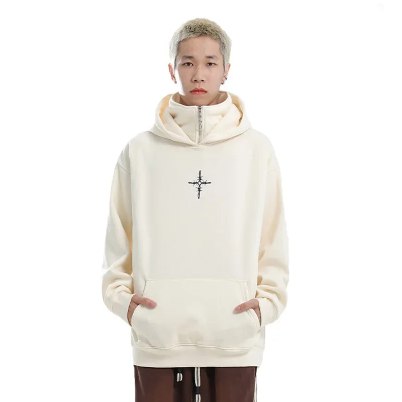 Autumn Winter Men Women Thicken Velvet Cross Embroidery Loose Pullover Hoodies Streetwear Hip Hop Fashion Hooded Sweatshirts