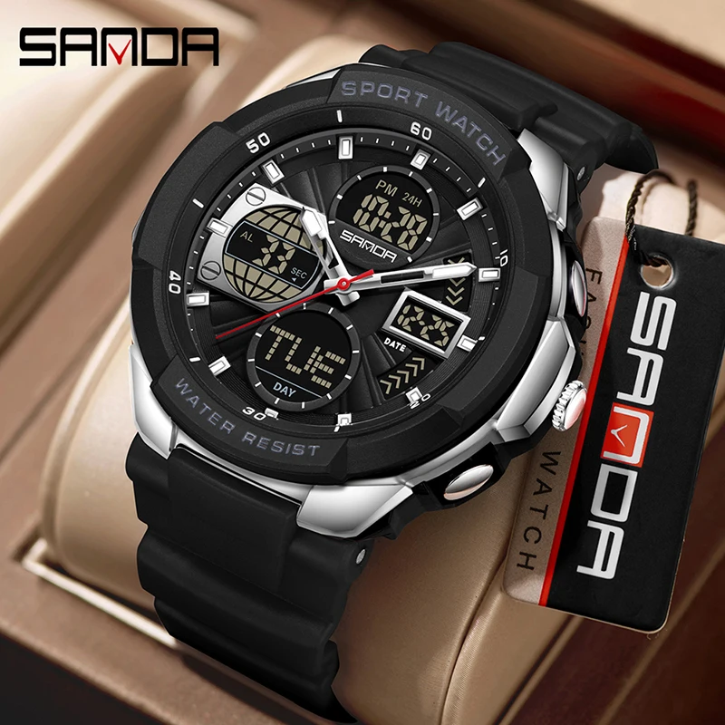 SANDA 6298 Dual Display Men Digital Watch Waterproof Multifunction Alarm Timing Sports Electronic Wristwatch