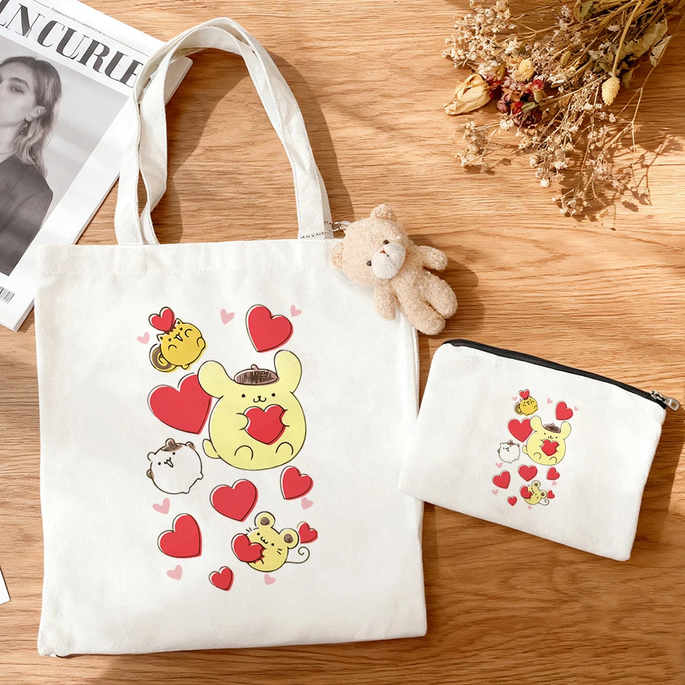 3pcs/set Large Capacity Pom Pom Purin Multi Character Canvas Tote Bag Lovely Sanrio Group Print Anime Eco Reusable Shopping Bag view 6