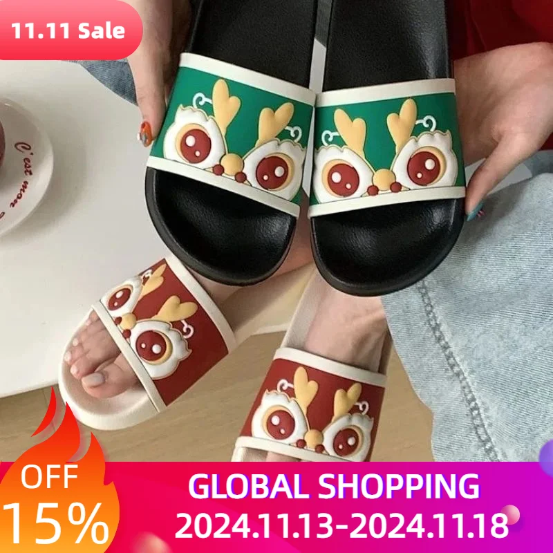 

AllSeason Women Men Casual Simple Indoor Outside Home Slippers Non-Slip Super Soft Couples Bottom Waking Lion Retro Red Chinese