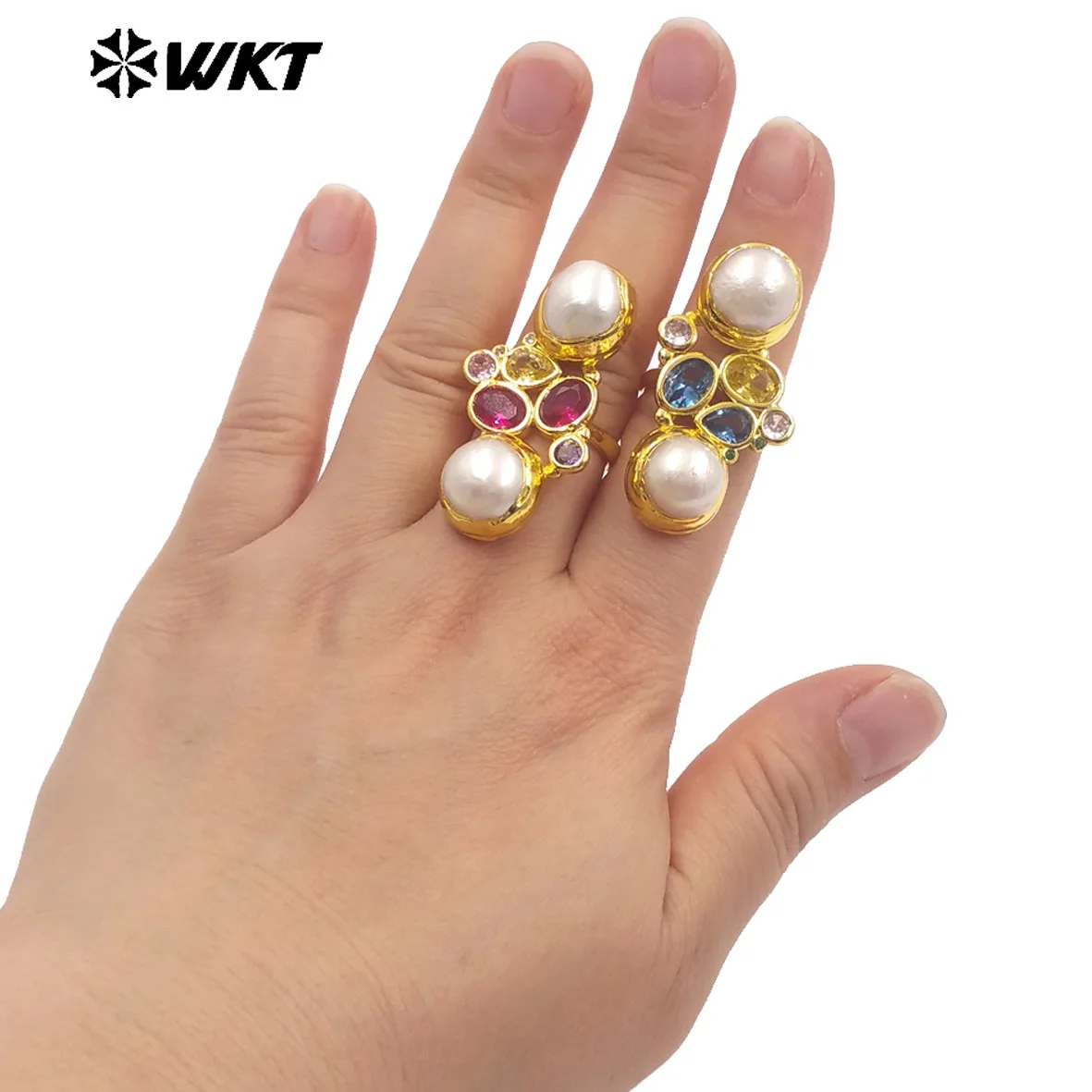 

WT-MR042 Потрясающее кольцо с жемчугом и кубическим цирконием, регулируемый размер, позолоченное, элегантный модный стиль, женские украшения оптом