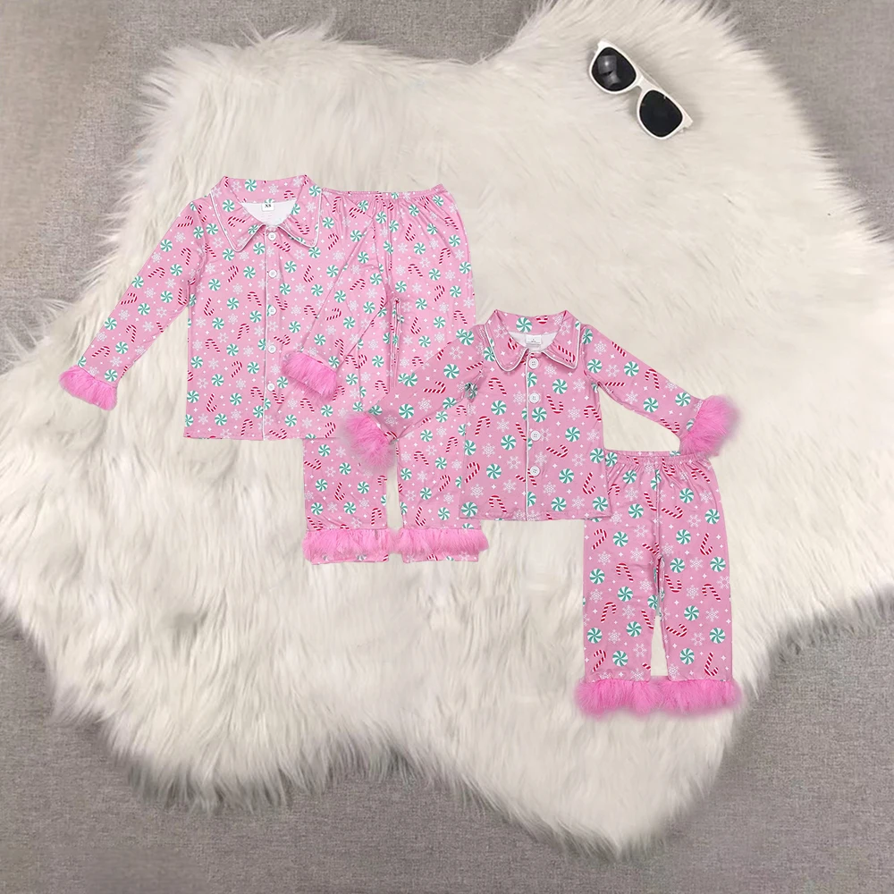 

GLP1900 Wholesale baby girl clothes Christmas pink plush edge long pants pajamas sets Summer Boutique kids clothes girl sets