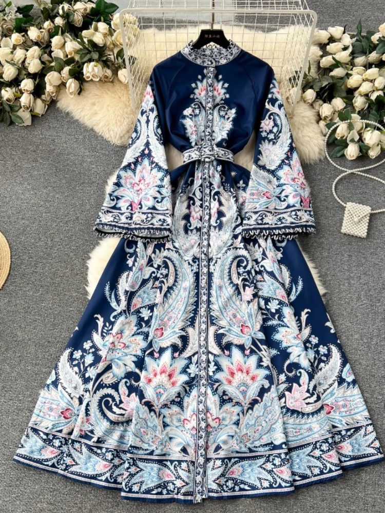 Women Fashion Elegant Long Dress Spring Autumn Stand Neck Single Breasted Flare Sleeve High Waist Slim Print Vintage Dresses