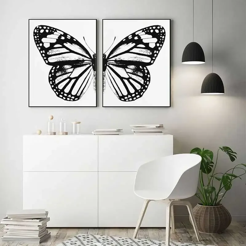 Monarch Butterfly Left Right Butterfly Wing  Vintage Butterflies Black and White Poster Wall Art Canvas Painting Home Decoration