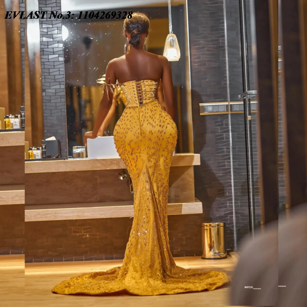 

EVLAST Customized African Gold Sequins Mermaid Prom Dress Shiny Diamond Beaded Crystal Aso Ebi Party Gown Robe De Soirée E3P547