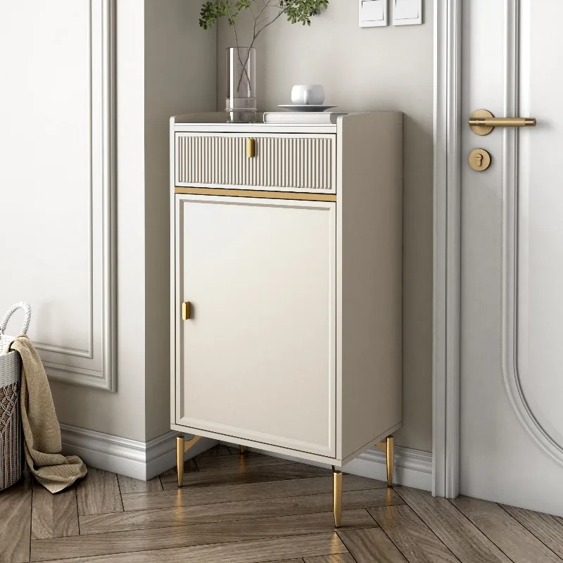 Cream style French small apartment ultra-narrow shoe cabinet at the door of the house, space-saving single door multi-layer stor