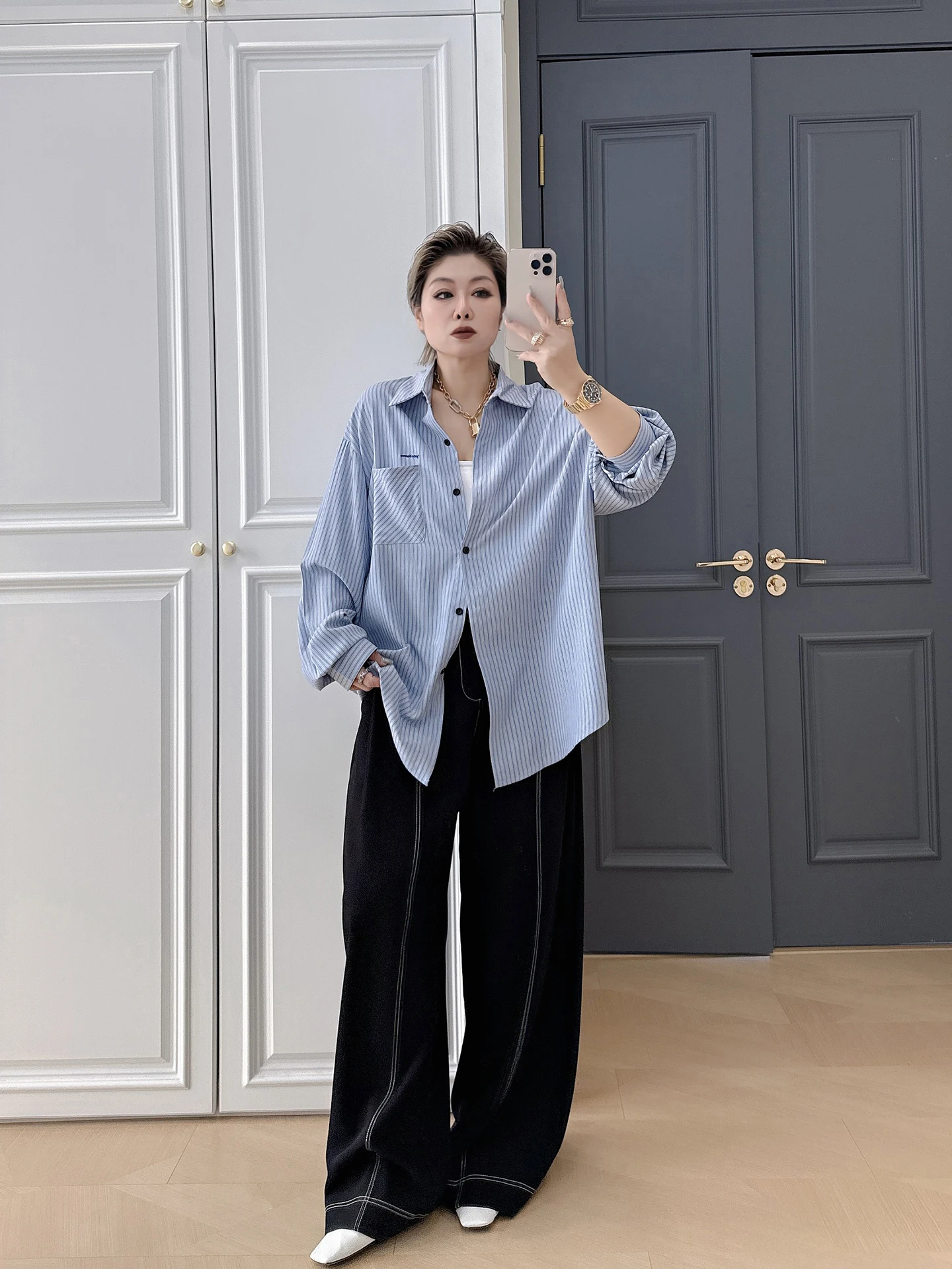 Camicetta a Righe a Maniche Lunghe da Donna Taglie Forti, Ricamata, Elegante, Vestibilità Ampia, Top da Lavoro per Donne Curvy