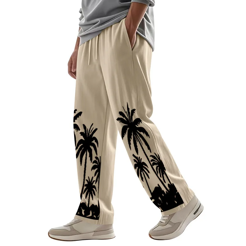 Men's Four-season Loose and Breathable Hawaiian Printed Cotton and Linen Casual Sports Trousers