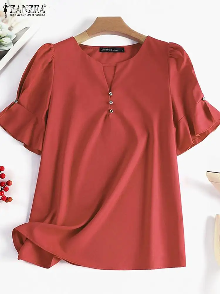 ZANZEA Fashion Summer Solid Blouse Women Elegant Shirt O Neck Short Sleeve Tunic Tops Female Casual Beach Holiday Blusas Chemise