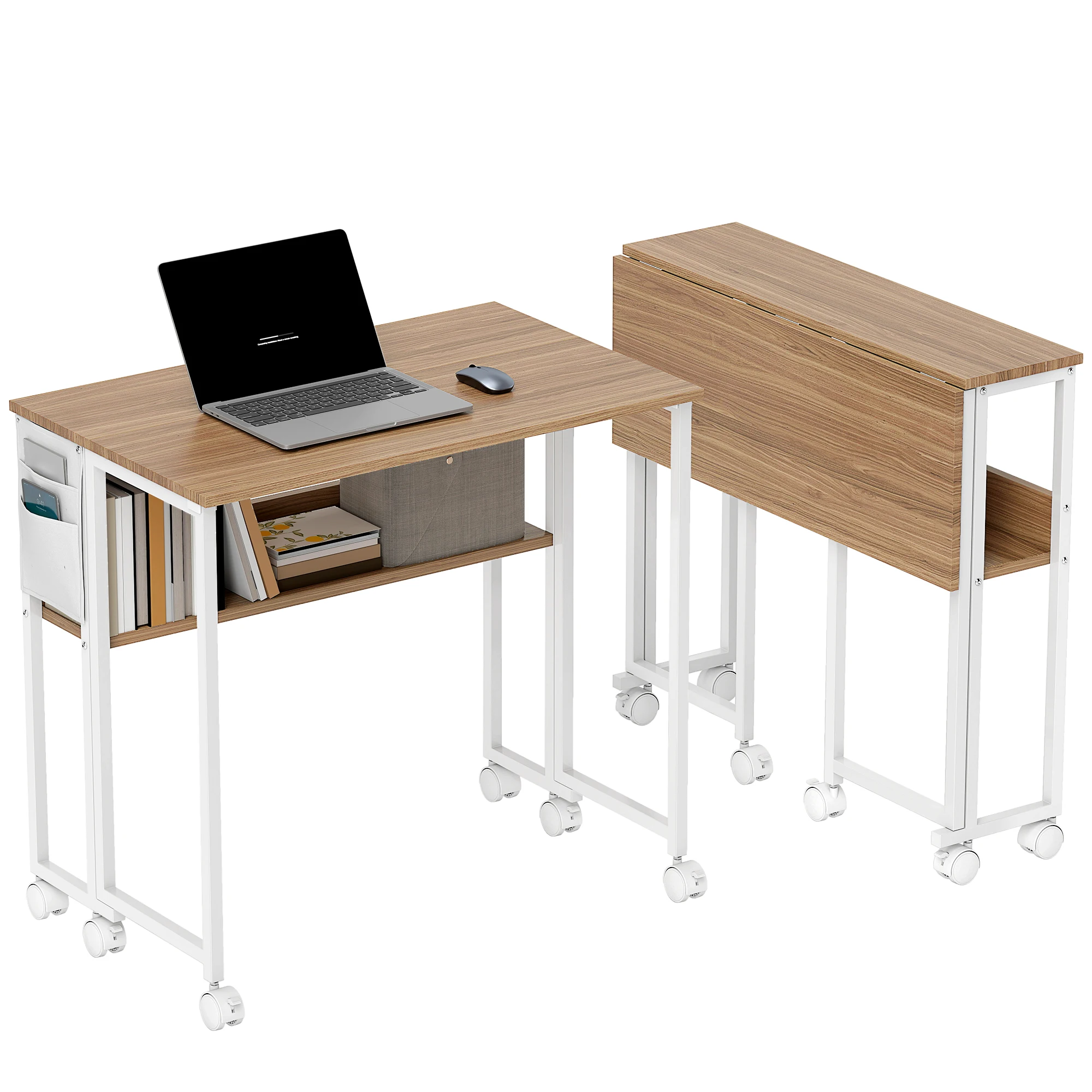 HOMCOM Small Folding Desk, Rolling Computer Desk Foldable with Storage Bag and Shelf, 31.5