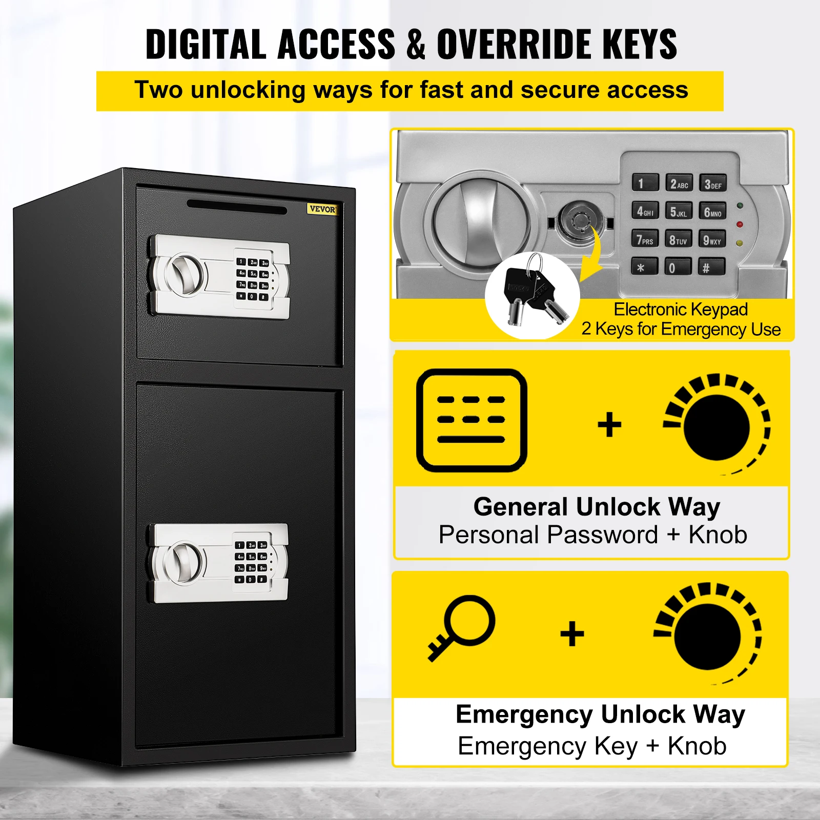 VEVOR 33" Double Door Safe Deposit Box Secret Hidden Piggy Bank Steel Separate Storage Space Electronic Lock Use for Office Home