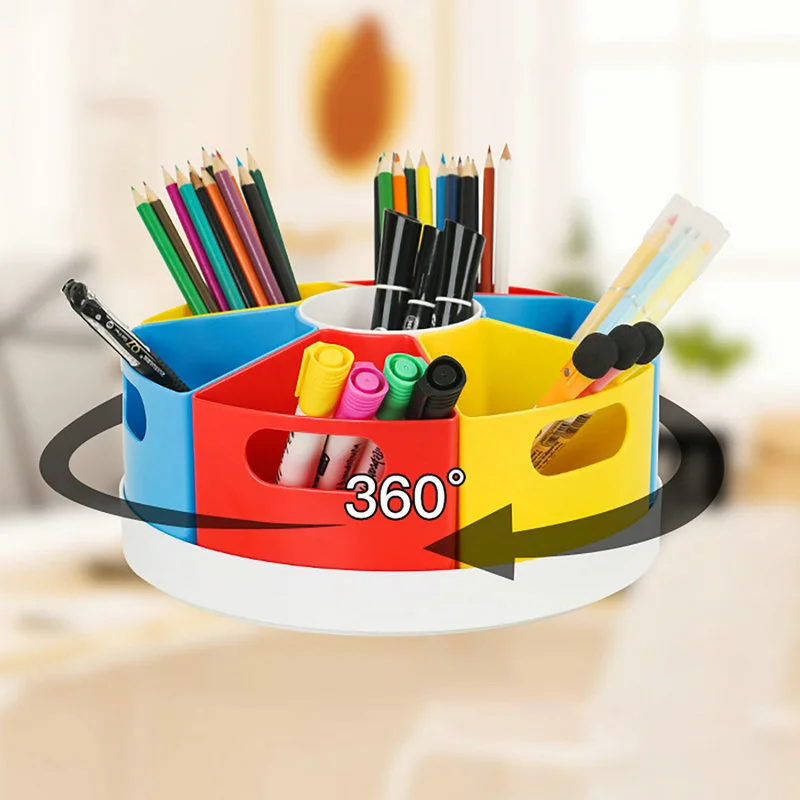Custom 360 Degree Rotating Pen Holder, Multi Color 7 or 9 Grid Round Desk Storage Organizer for Makeup Brushes, Office, School
