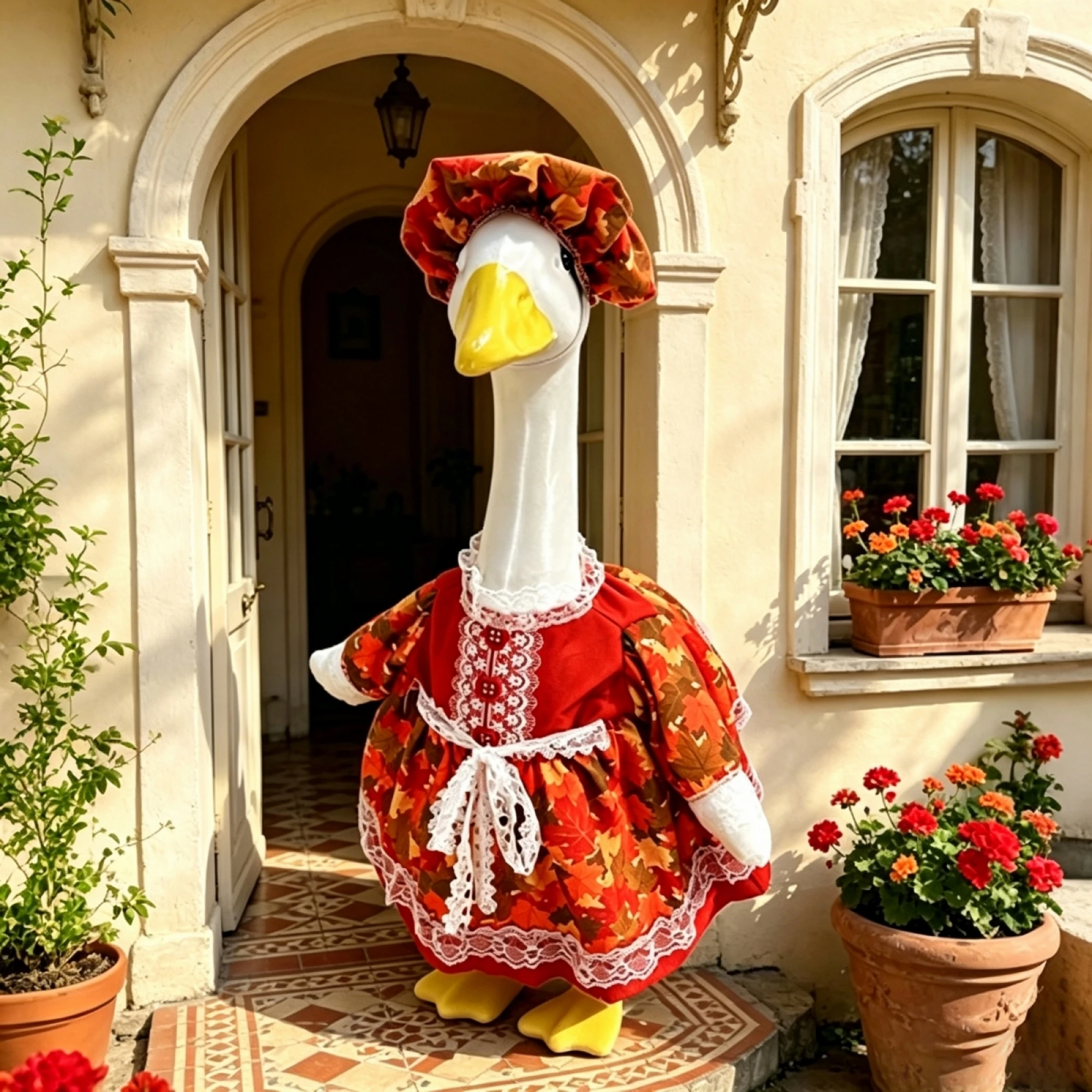 Porch Goose Fall Outfit Maple Leaf Print Lace Trim Dress and Hat Set