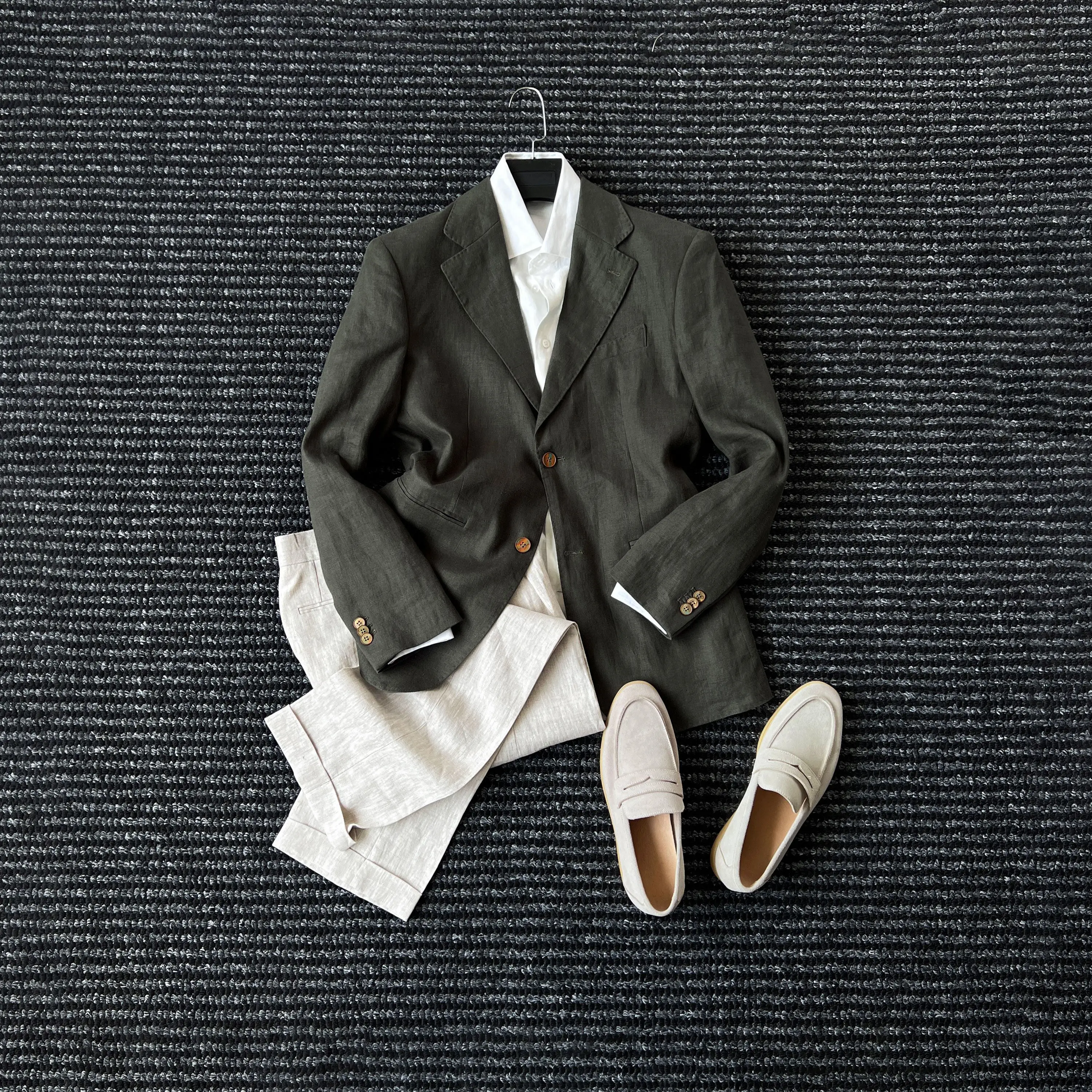 

Classic flat collar 100% linen suit men's business commuting casual jacket