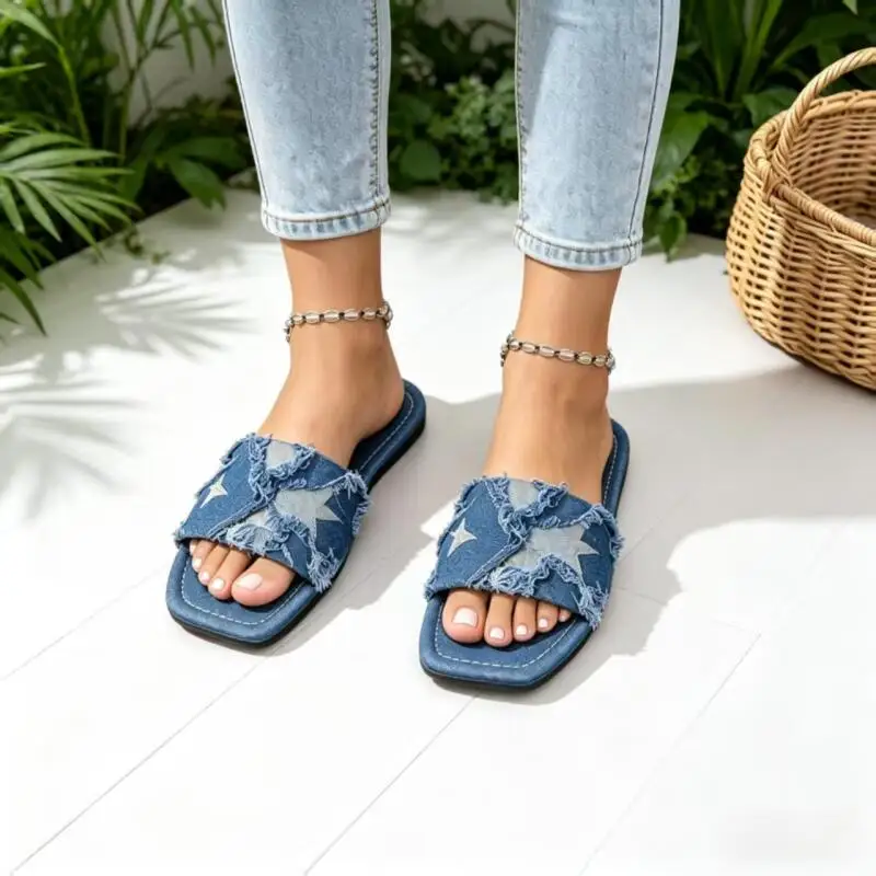 Y2K Denim Strap Flat Heel Sandals Women Summer 2026 Fashion Patchwork Star Pattern Square Toe Beach Slippers Lightweight Sandals view 6