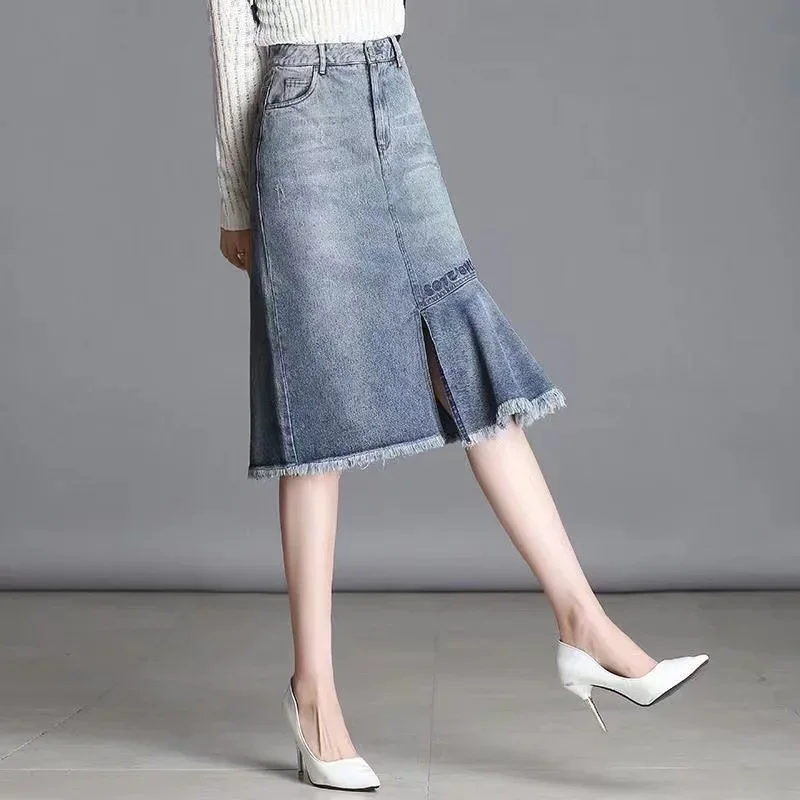 

Clearance Sale Spring Summer Women High Waisted Embroidery Denim Mermaid Skirt , Woman Clothes Ruffled Tassel Trumpet Skirts