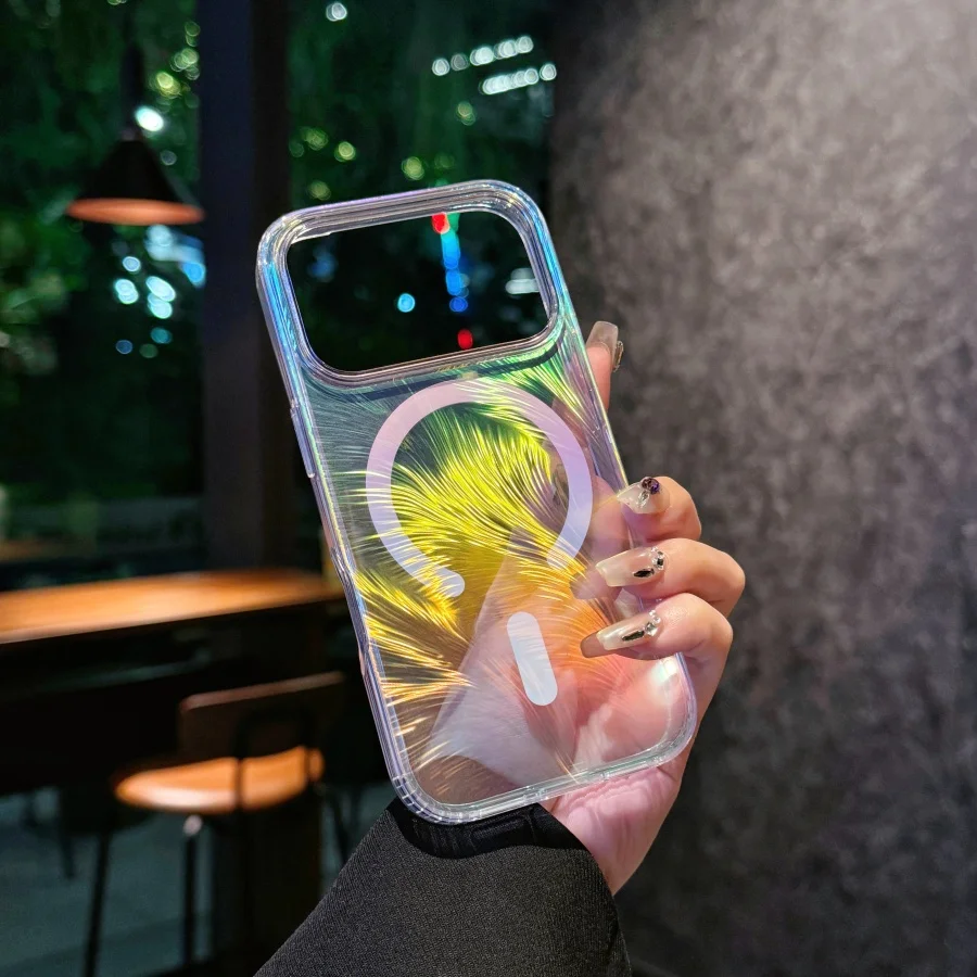 

Подходит для чехла для телефона iPhone 17pro max. Защитный чехол на магнитной присоске с градиентом перьев. 17Pro 17Air PC + твердая обложка из ТПУ