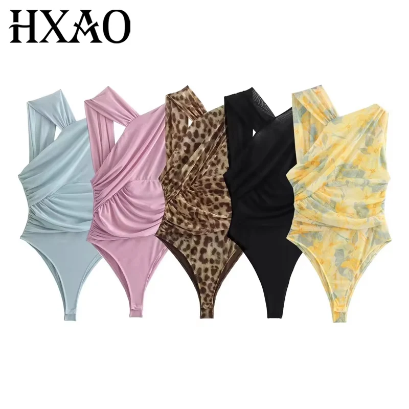 HXAO Woman Body Leopard Tulle Bodysuit Pleated Asymmetric Animal Print Body For Women Summer Backless Sexy Mesh Black Bodysuit