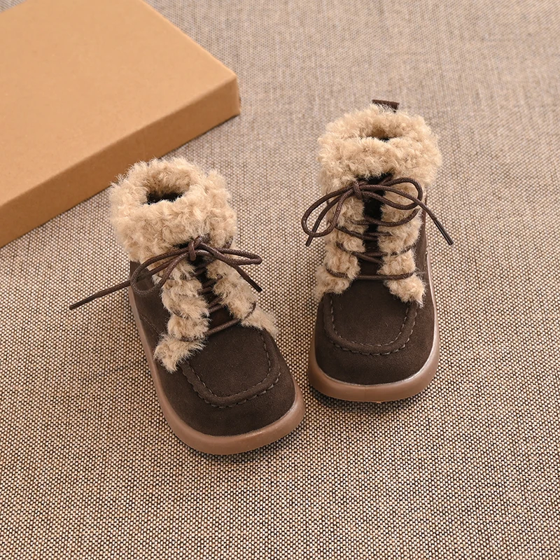 الشتاء الأطفال بنين بنات جلد طبيعي جولة رئيس سميكة وحيد امبسوول أحذية بوت قصيرة أطفال طفل لينة وحيد أحذية قطنية مسطحة