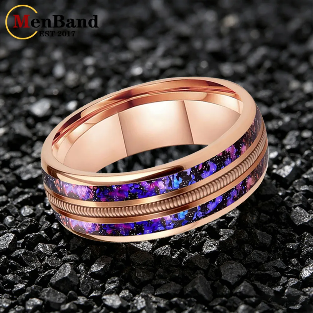 Fashion 8mm Men Women New Wedding Band Tungsten Carbide Ring with Orion Nebula and Rose Gold Guitar String Inlay Comfort Fit view 4