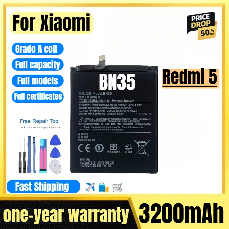 

BN35 for Xiaomi Redmi 5 Mobile Phone Battery High Quality High Capacity Battery Replacement Bateria Grade A Cell with Tools