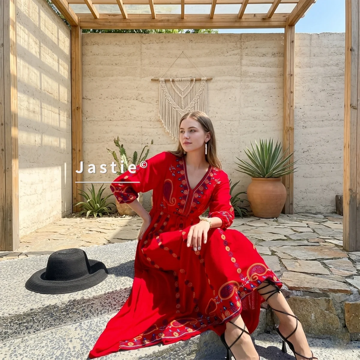 Jastie 2025 Spring Autumn Women Dress Loose Casual Beach Dresses Floral Embroidered Maxi Dress Boho Ruffle Hem Female Vestidos