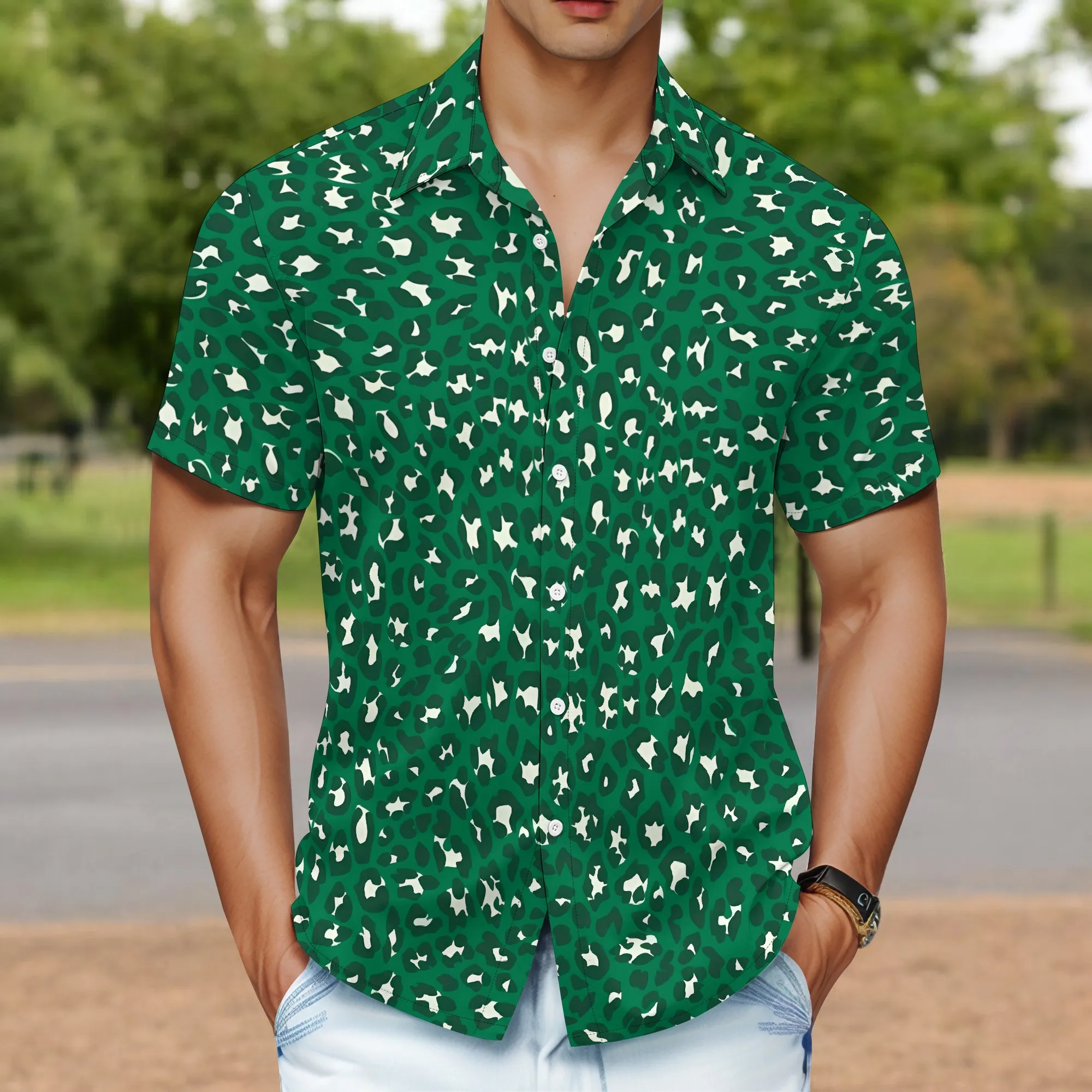 YEAE Khaki Leopard Print Shirt for Men Summer Casual Short Sleeve Top