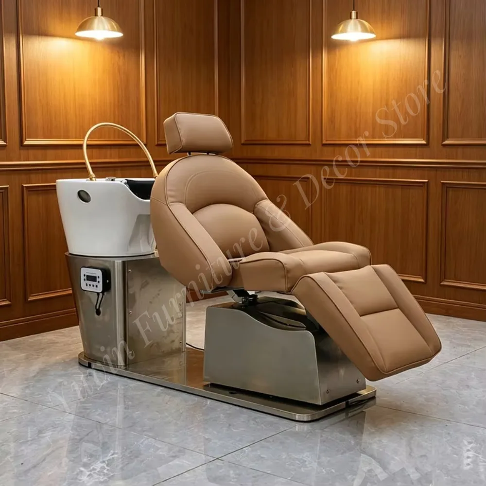 Electric Reclining Shampoo Chair, Luxury Stainless Steel Hair Washing Station with Head Spa for Salon & Barber Shop