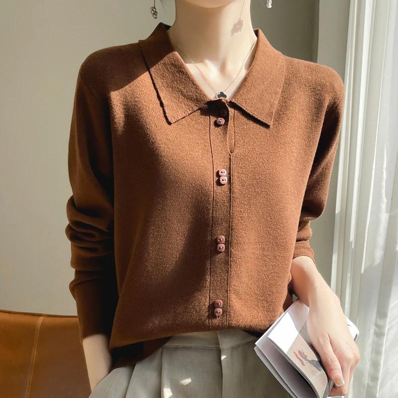 2024 Spring New Wool Sweater Women\'s POLO Neck Knitted Pullover Loose Foundation Warm Top