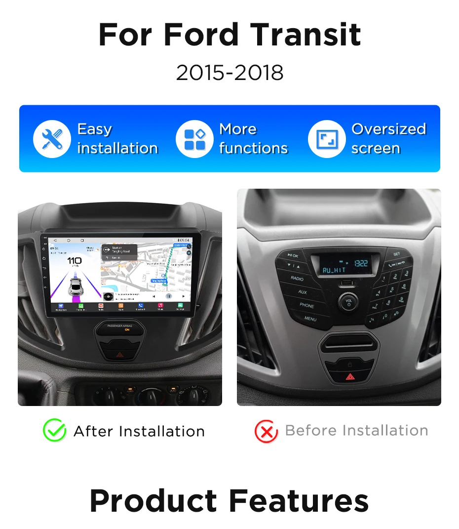 Junsun Autoradio für Ford Transit 2015 2016 2017 2018 Android Auto 360 ° Multimedia Wireless CarPlay SWC Nav 8-Kern-Navi 4G-LTE WiFi DSP RDS BT SWC IPS Touchscreen Autoradio Videoplayer Head Unit Stereo – Detail 3