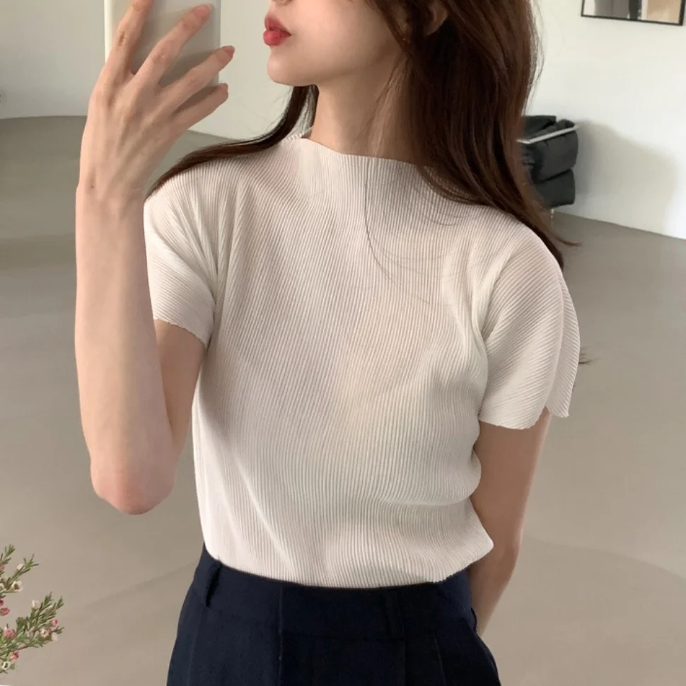 Summer Vintage Pleated Texture Slim Fit Half High Neck Short Sleeve T Shirt Women's Pressed Shirt Casual Loose Polyester Fiber