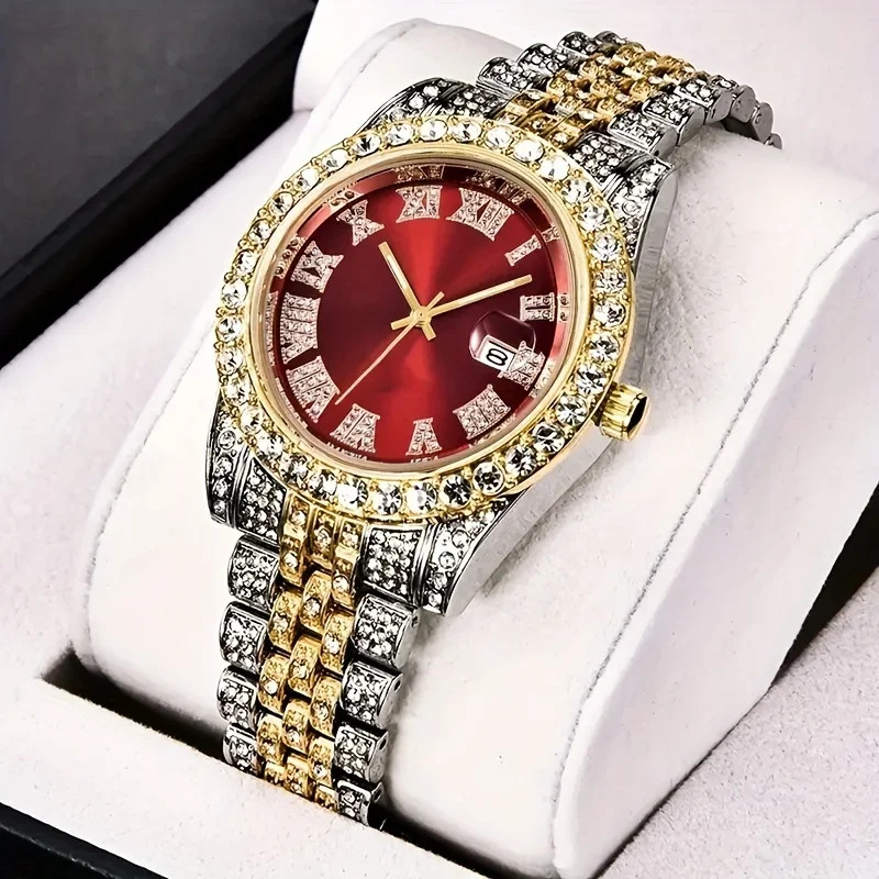 Mens Hip Hop Watch VintagInspired Retro Quartz Timepiece with Oversized Rhinestone Dial and Durable Stainless Steel Band for Men