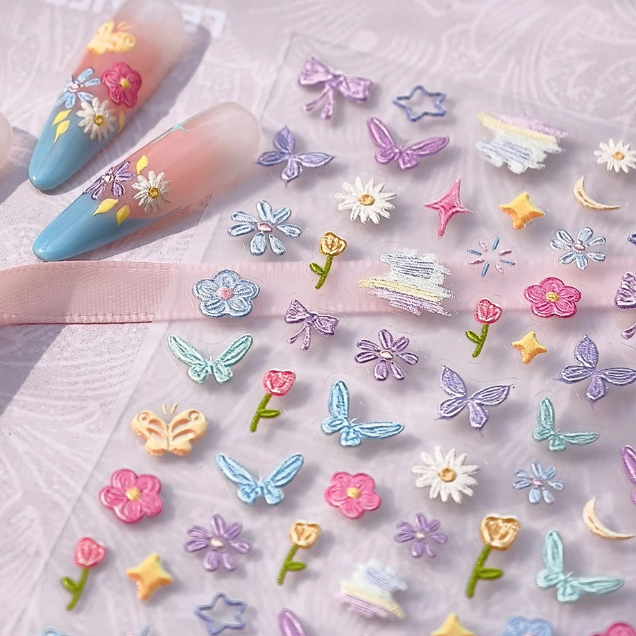 

Embroidered Relief Butterfly Tulip Rose Flower Star Moon Color Pigment Bowknot Tender Adhesive Nail Art Stickers Manicure Decals