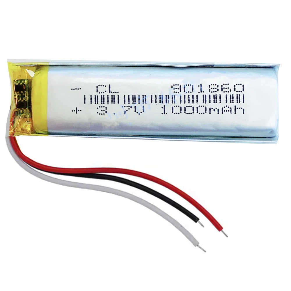3.7V 1000mAh 3.7Wh Polymer Lipo Rechargeable Battery 3 Wire Thermistor 901860 For Cellular Line Interphone Sport GPS Car DashCam