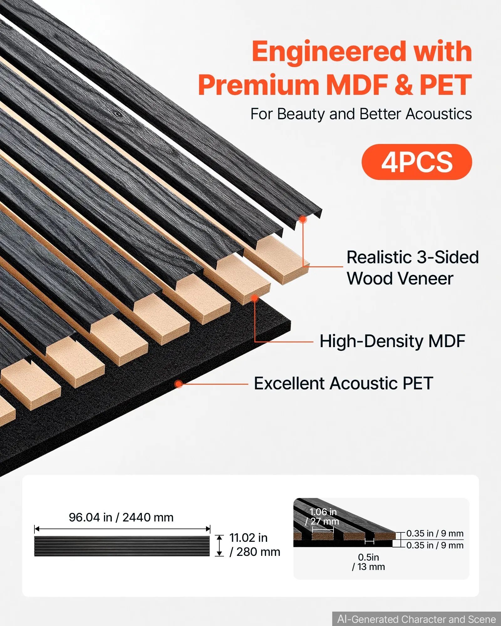 Wood Wall Panels, 96.1 x 11 inches, 4-Pack, Acoustic Slat Panels, Black Oak, Sound Absorbing for Living Rooms, Bedrooms, Offices, Studios, Interior Wall Decor, MDF & PET Construction, Screw Kit