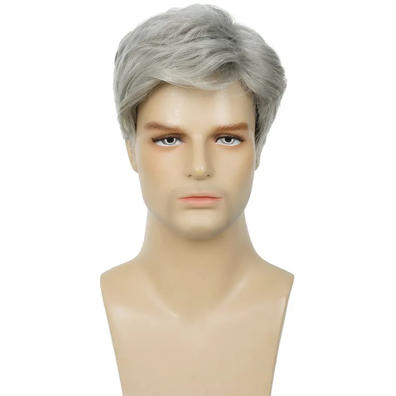 Short Gray White Wig Men Natural Fluffy Curly Fake Hair Cosplay Costume Synthetic Mens Wig for Male Guy