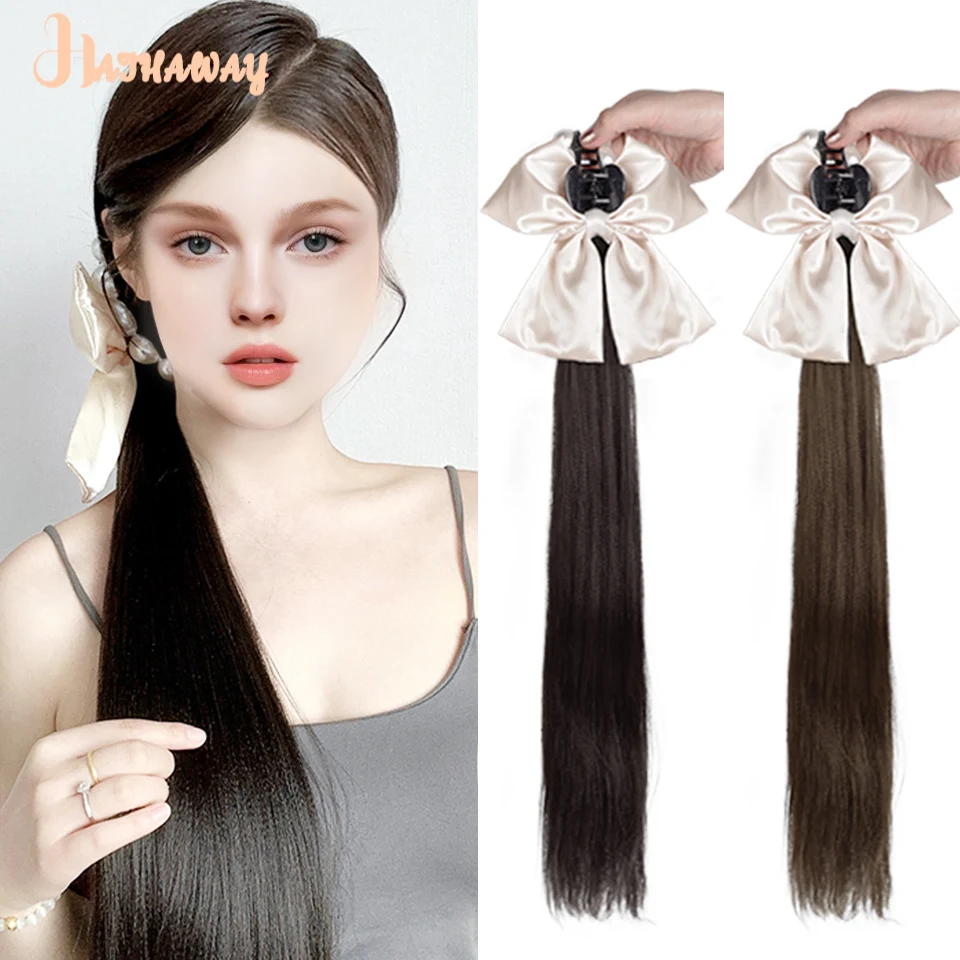 

Bow Ponytail Female Synthetic Grab Clip Long Straight Hair High Ponytail Pearl Shark Clip Low Ponytail Accessories Daily Wear