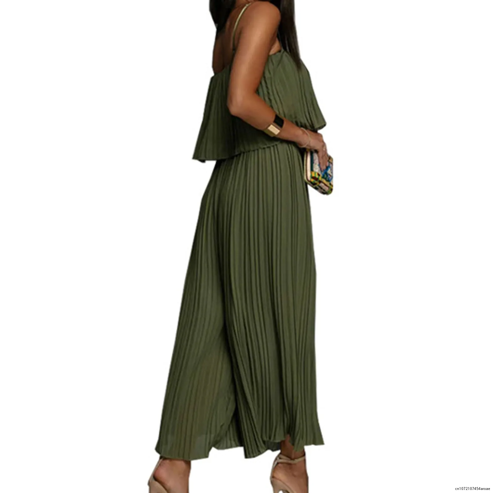 2023 Summer Elegant Solid Ruffles Pleated Jumpsuits Fashion Pleated Sling Top-Layer Loose Long Romper Ladies Wide Leg Jumpsuits