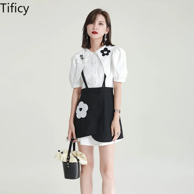 TIFICY 2024 Summer Womens Short Sleeve Small and Slim Design Flower White Shirt Tops