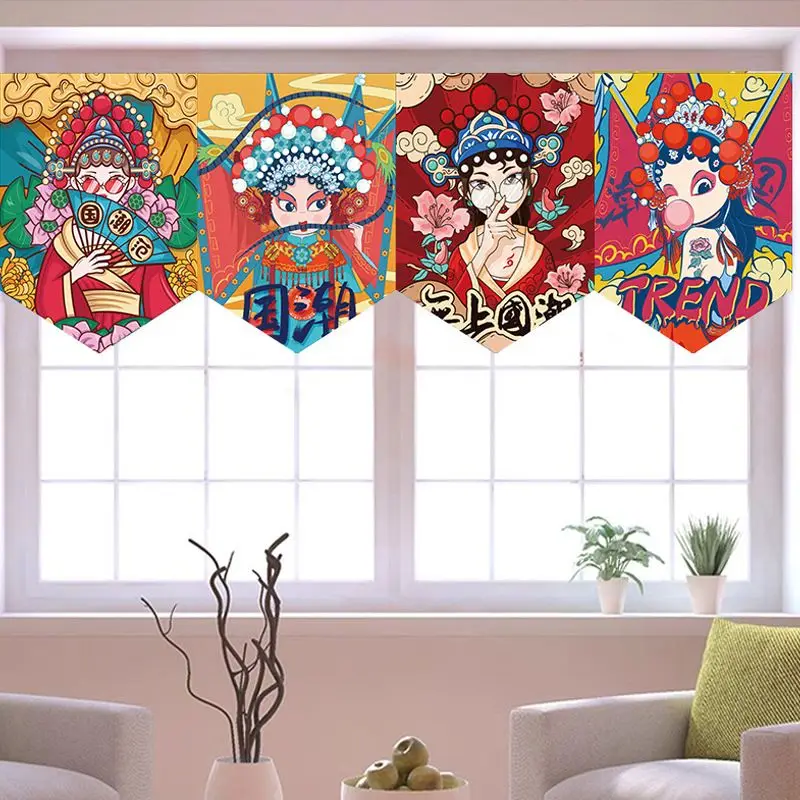 VIKAMA Chinese Opera Girl Triangular Curtain Yellow Background National Tide Fan Trend CHINA Cartoon Kitchen Window Valance Soft