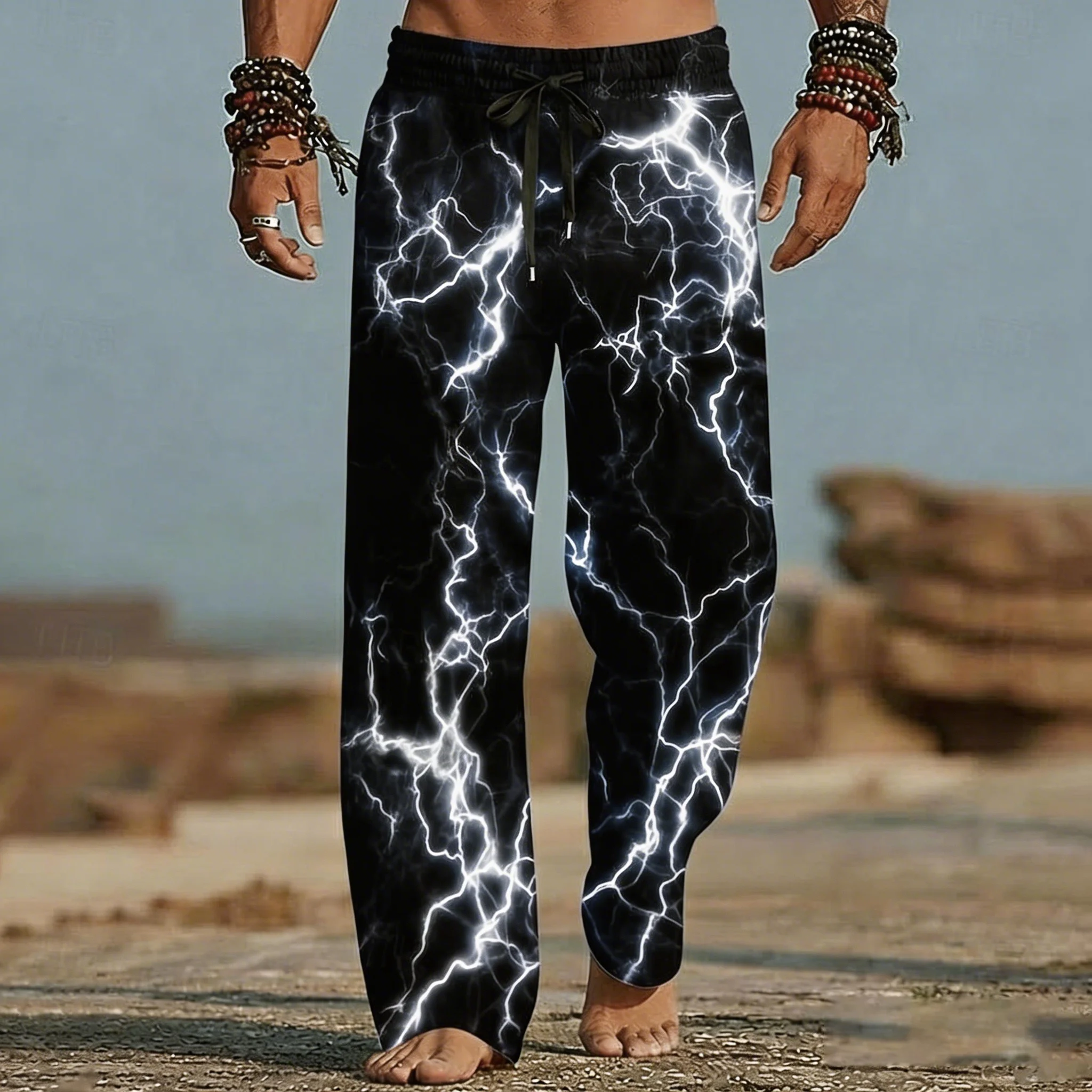 

Men's Beach Pants Lightning Pattern 3D Print Wide Leg Elastic Waist Drawstring Casual Summer Vacation Loose Breathable Trousers