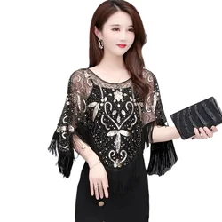 New Women's Tassel Decor Shawl Wedding Top Sequined Glittering 1920s Scarf Mesh Sequin Wedding Cape Fringed Evening Shawl Wrap