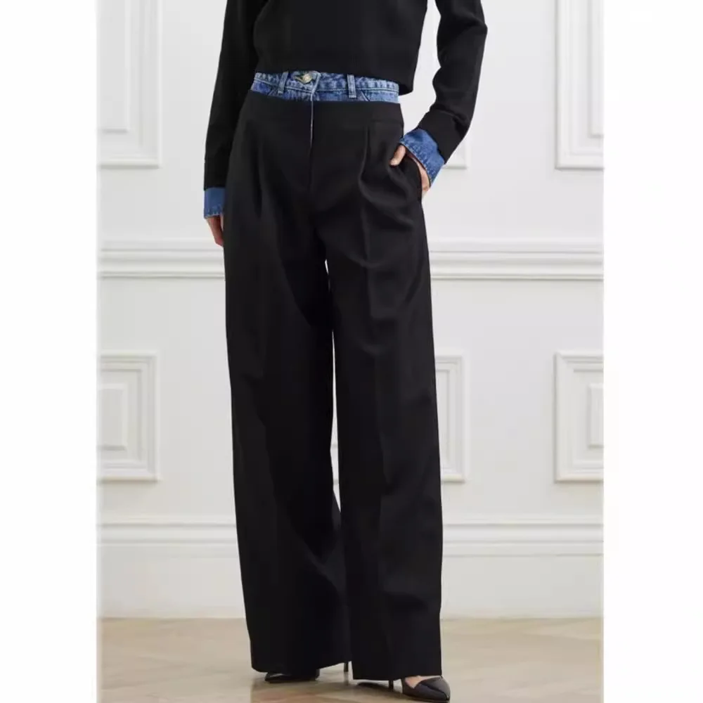 Women's Commuter R0*2024 Wool Wrinkle Resistant Premium Feeling Black Patchwork Western Pants Straight Leg Wide Leg Pants