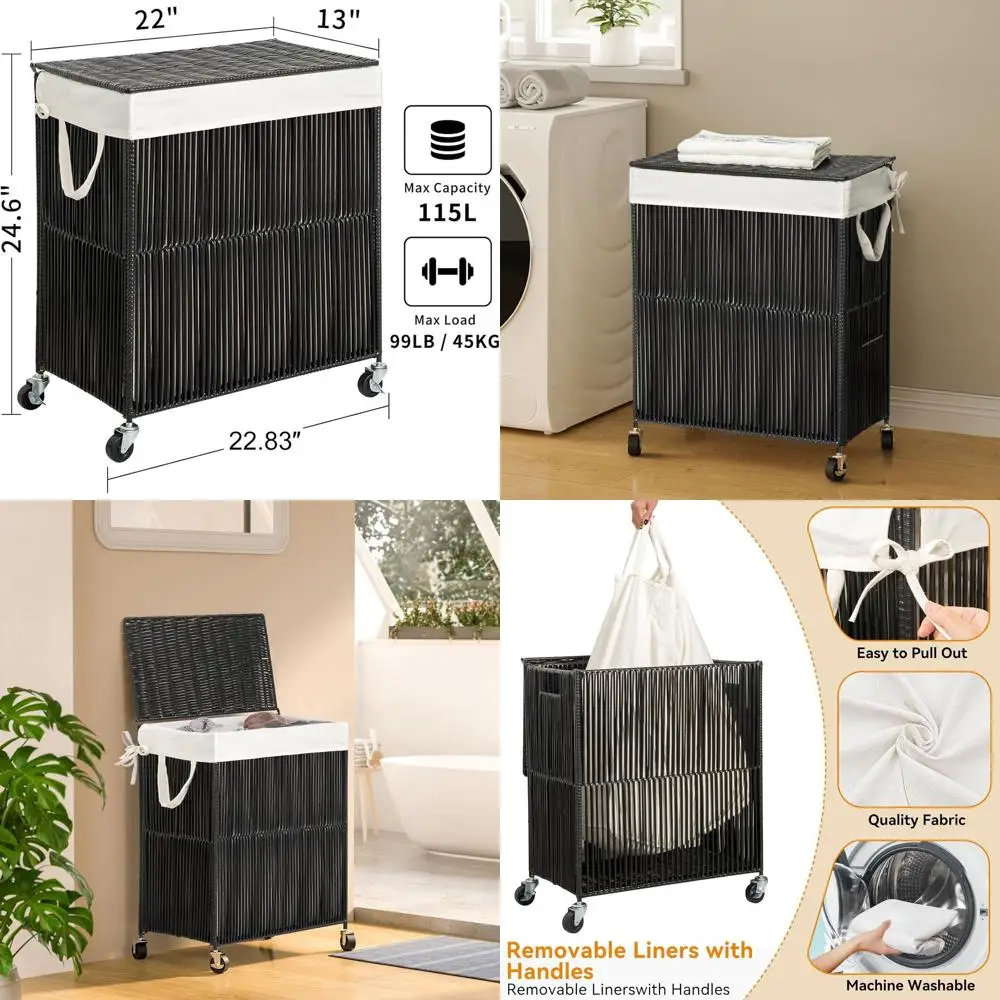 

Корзина для белья на колесиках с крышкой, емкостью 115 л, съемная сумка-вкладыш, большой сортировщик одежды для организации прачечной, черный
