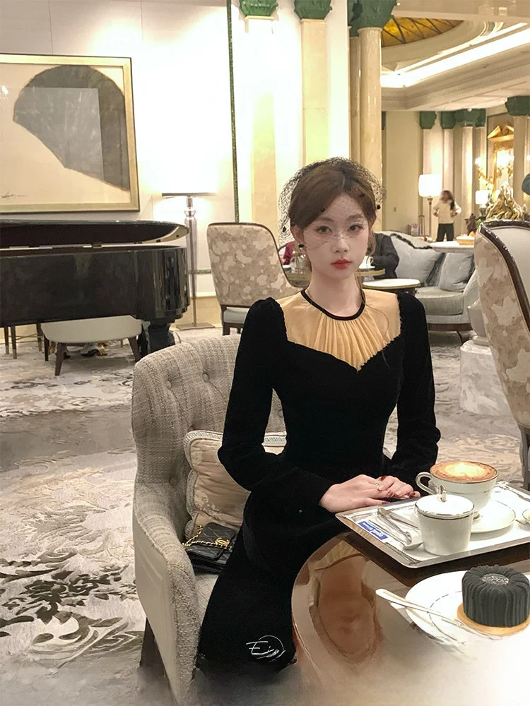 

Audrey Miss Long Sve A-Line Dr Women's Autumn Winter Slimming Waist High Waist Polyester Nylon Fabric Ele Dr