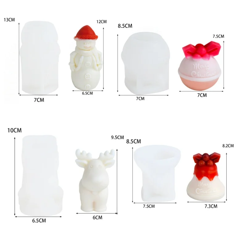 

4pcs Christmas Silicone Mold: Bells, Deer, Snowman Mold for DIY Scented Candles & Plaster Ornaments