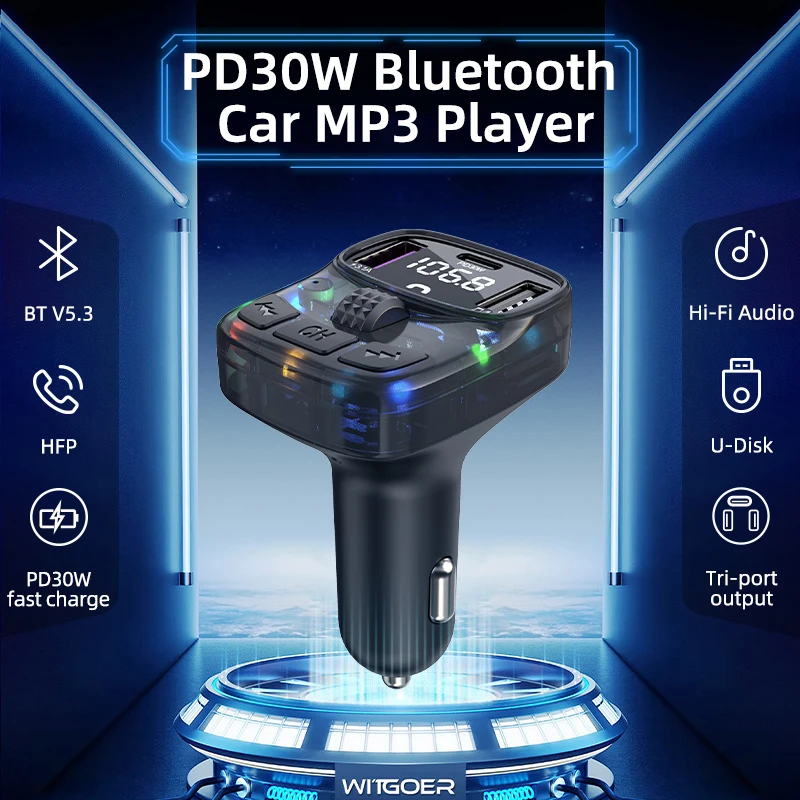 Car Bluetooth 5.3 FM Transmitter PD 30W Type-C Dual USB 4.2A Fast Charger Ambient Light Handsfree Radio Modulator MP3 Player