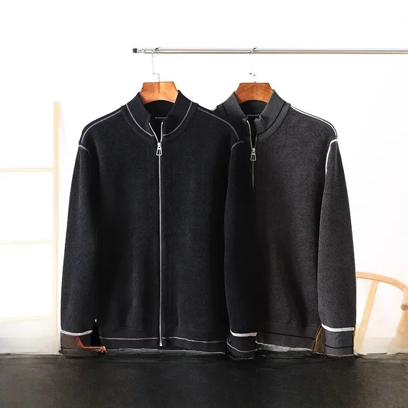 

High Densi Knitted Men's Pure Color Stand Collar Patchwork Knit Cardigan Jaet Warm And Sli for Autumn And Winter