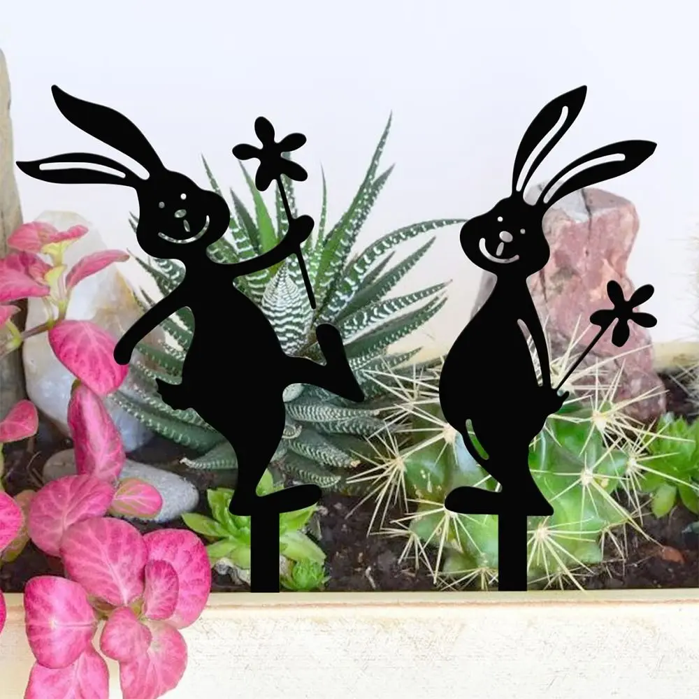 Creative Iron Rabbit Garden Stakes Cartoon Rabbit Yard Art Outdoor Bunny Panel Accessories DIY Garden Stake Decoration